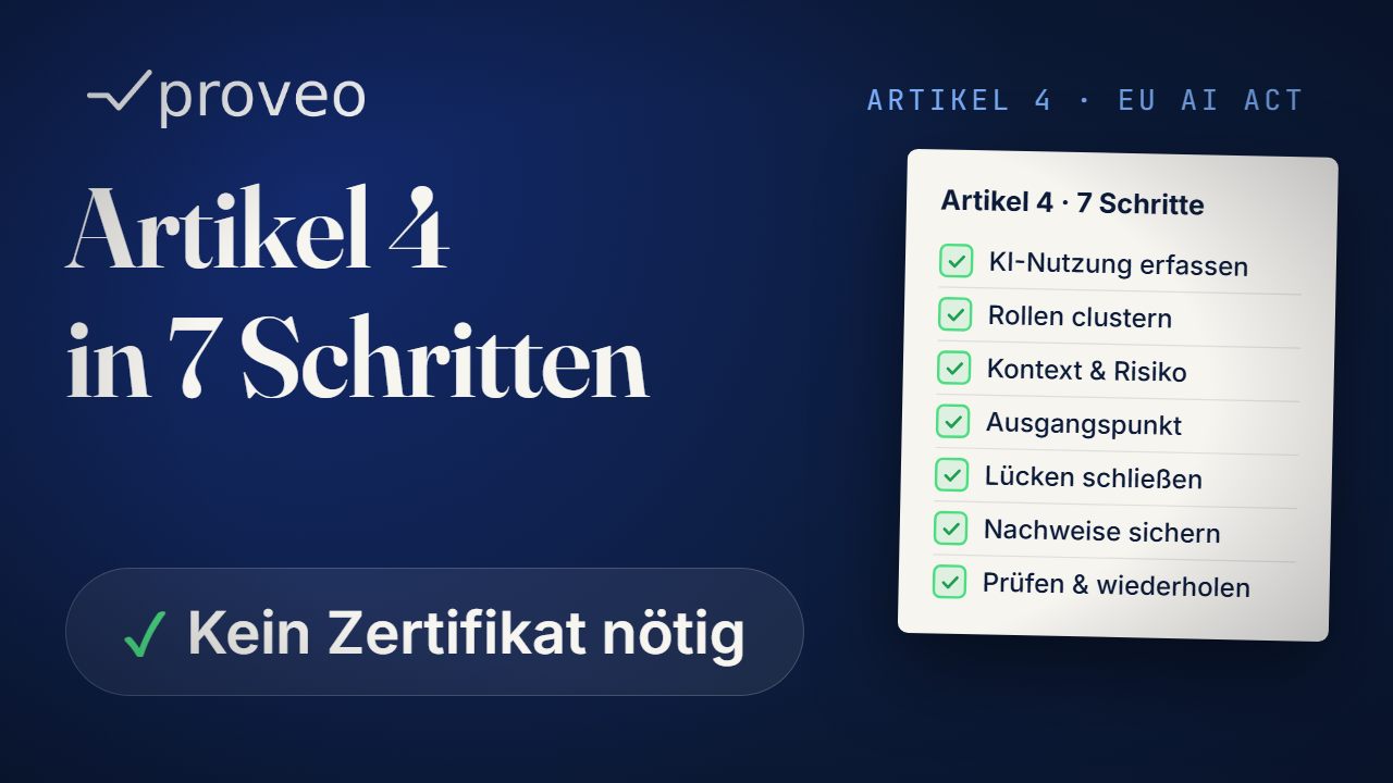 Videostandbild: Artikel 4 in 7 Schritten, daneben die sieben Schritte von KI-Nutzung erfassen bis Prüfen und wiederholen
